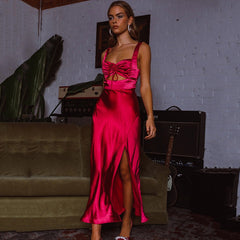 Cami Dress High Waist Lace up Backless Slit Maxi Dress
