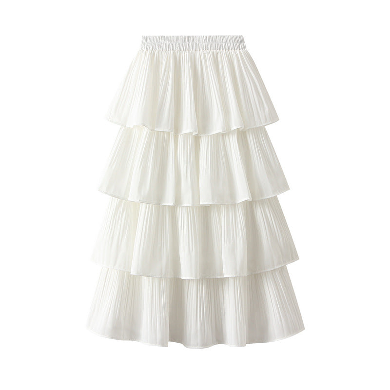 Wooden Ear Stitching Pleated Big Hem Skirt's Mid Length Tiered Dress