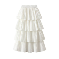 Wooden Ear Stitching Pleated Big Hem Skirt's Mid Length Tiered Dress