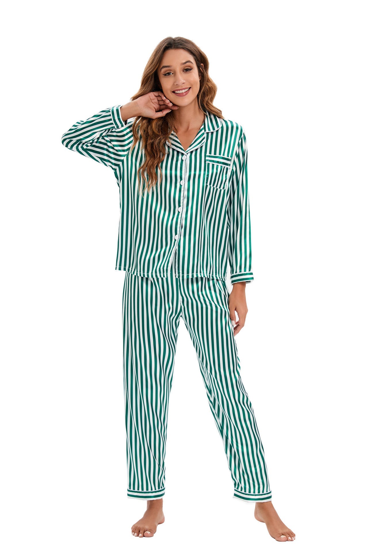 Satin Long Sleeved Trousers Home Wear Cardigan Suit Pajamas