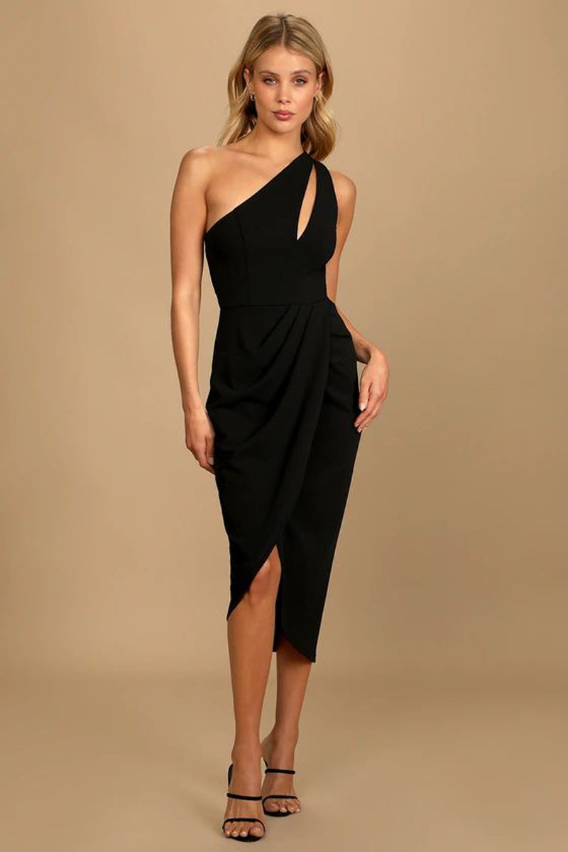 Hip Oblique Shoulder Hollow Out Cutout Pleated Slit Christmas Dress
