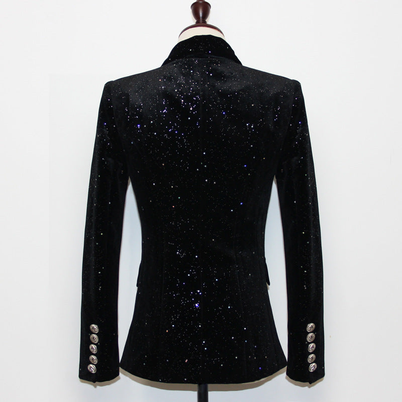 Blazer Starry Sequined Silver Buckle Waist Tight Velvet Small Blazer