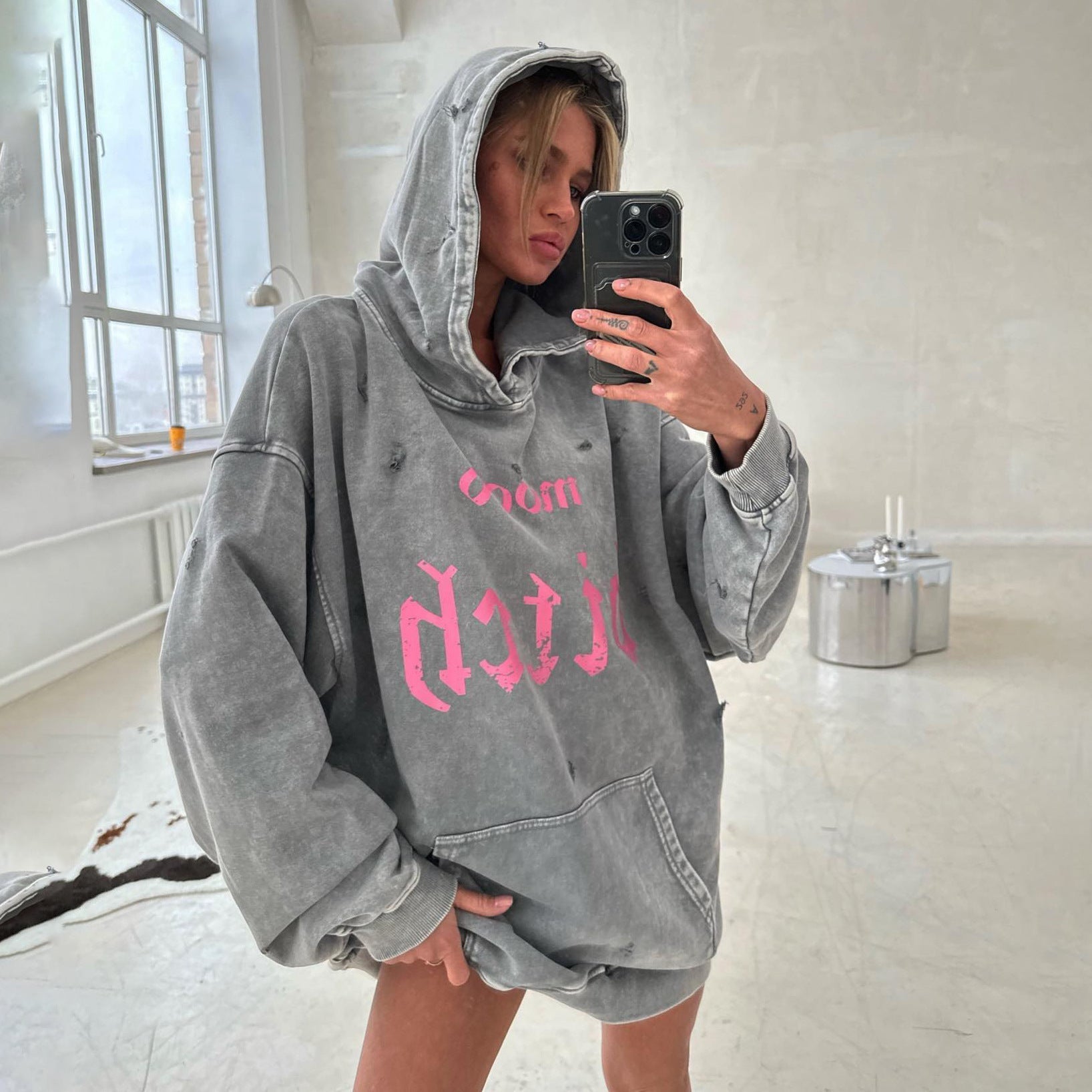 Street Worn Looking Washed-out Broken Letters Printed Hoodie Lazy Loose Pocket Coat