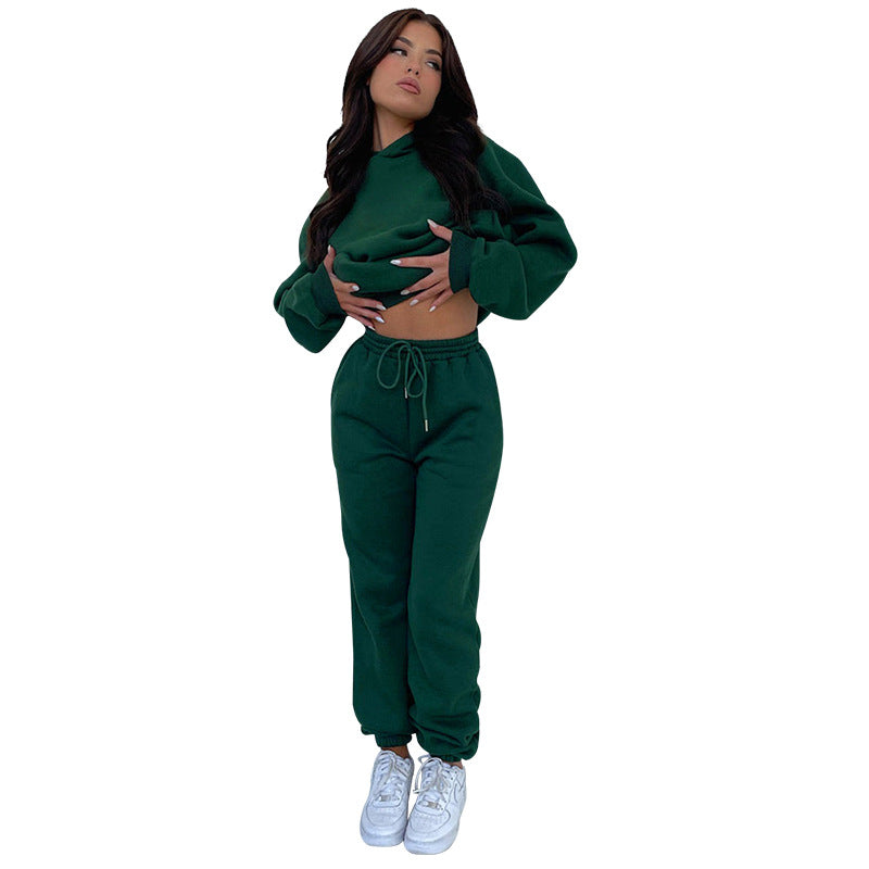 Solid Color Long Sleeve Hooded Fleece Lined Sweater Casual Trousers sets