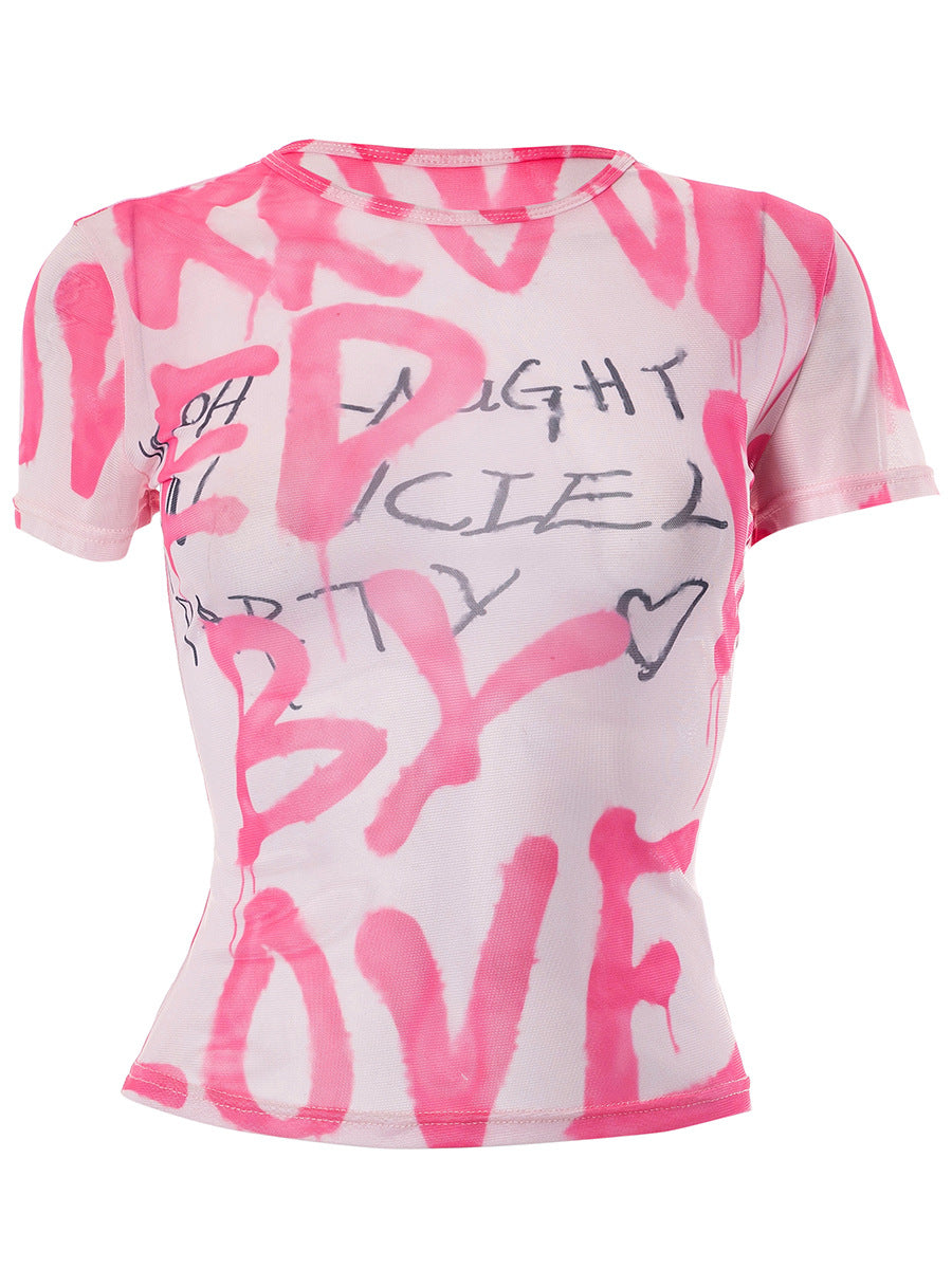 Round Neck Pullover Pink Letters Printed Mesh Transparent Top