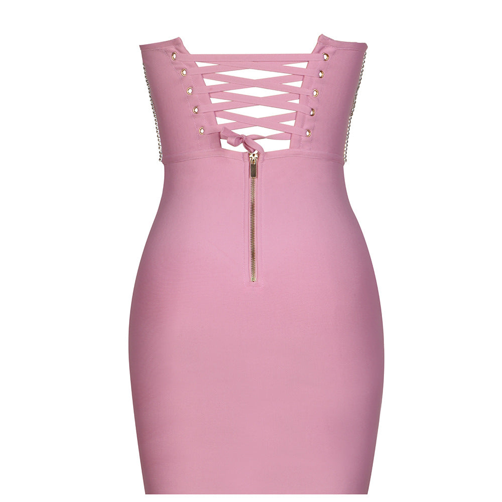 Pink Bra Corns Wear Strap Knitted Tight Backless Evening Party Bandage One Piece Dress Crisscross