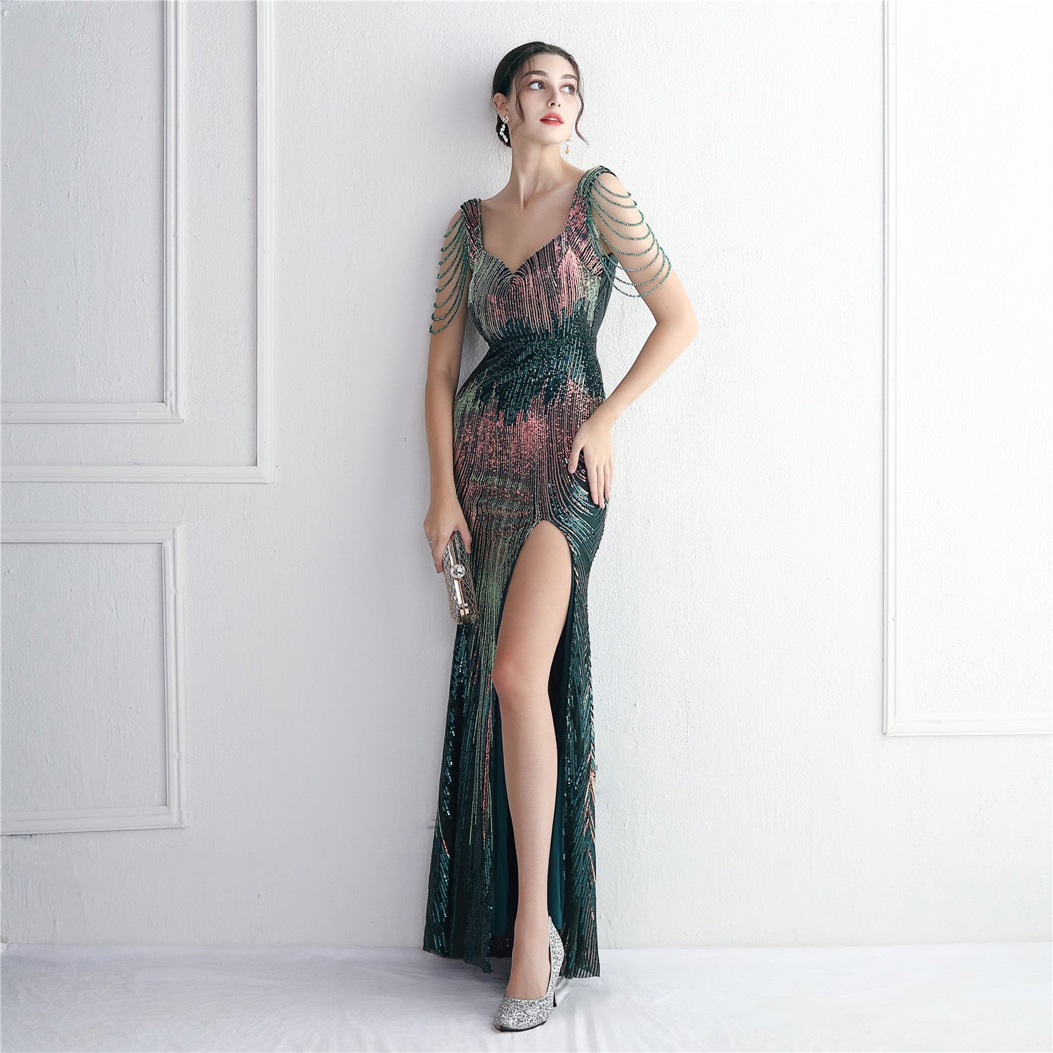 Craft Perlen Positionierung Floral Pailletten Partykleid Cocktail Slim Fit Abendkleid Elegant