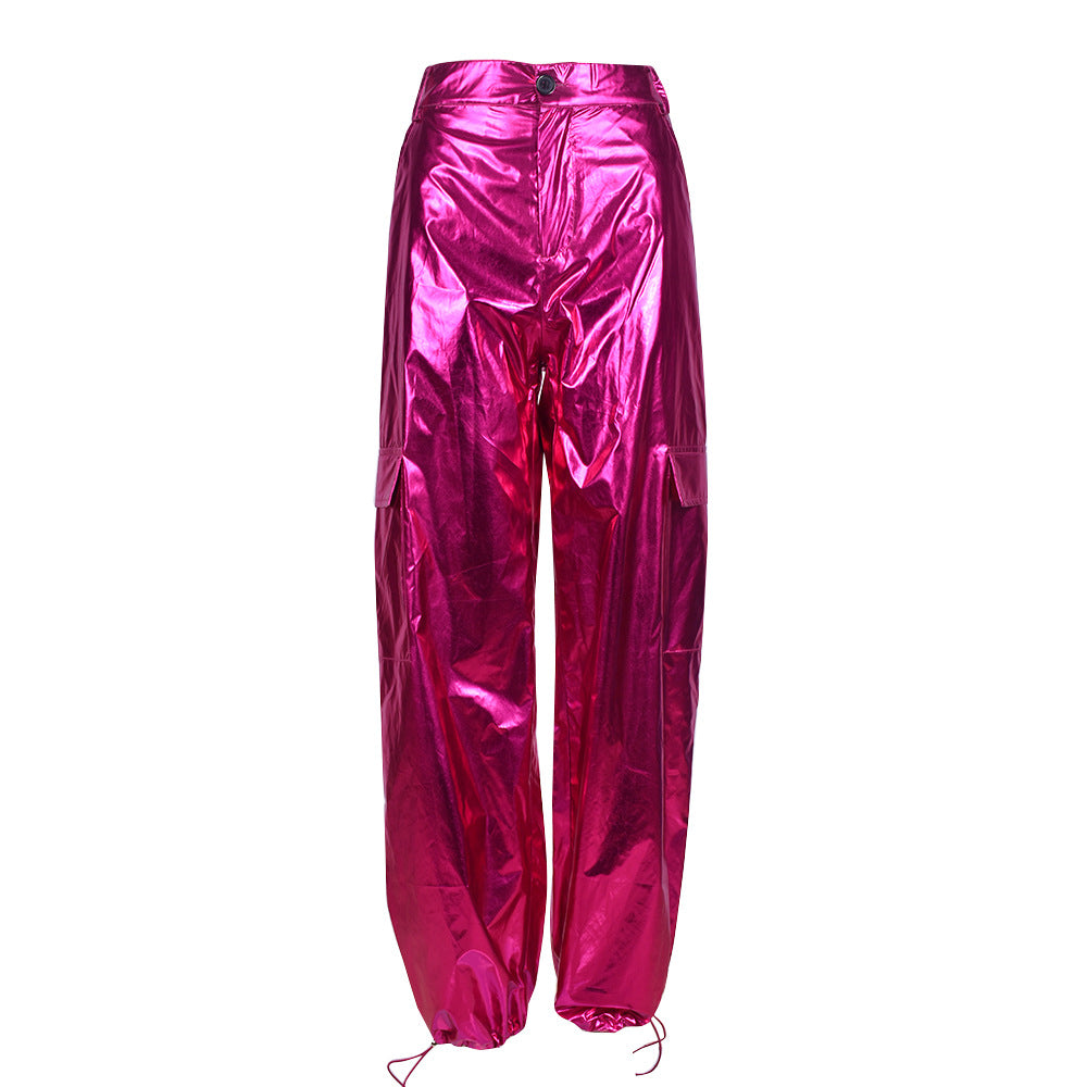 Glossy Trousers Christmas Bright Color Stretch Leather Zipper Ankle Banded Slacks