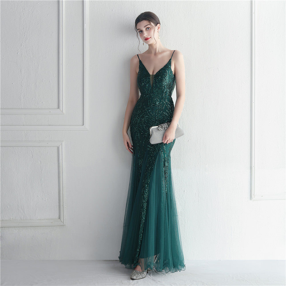 Mesh Beads Sequined Dress Long Evening Dress Star Event Exhibition Stage