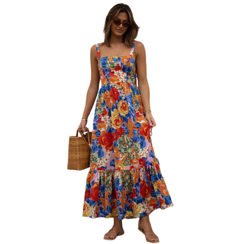 Printed High Waist Strap Dress