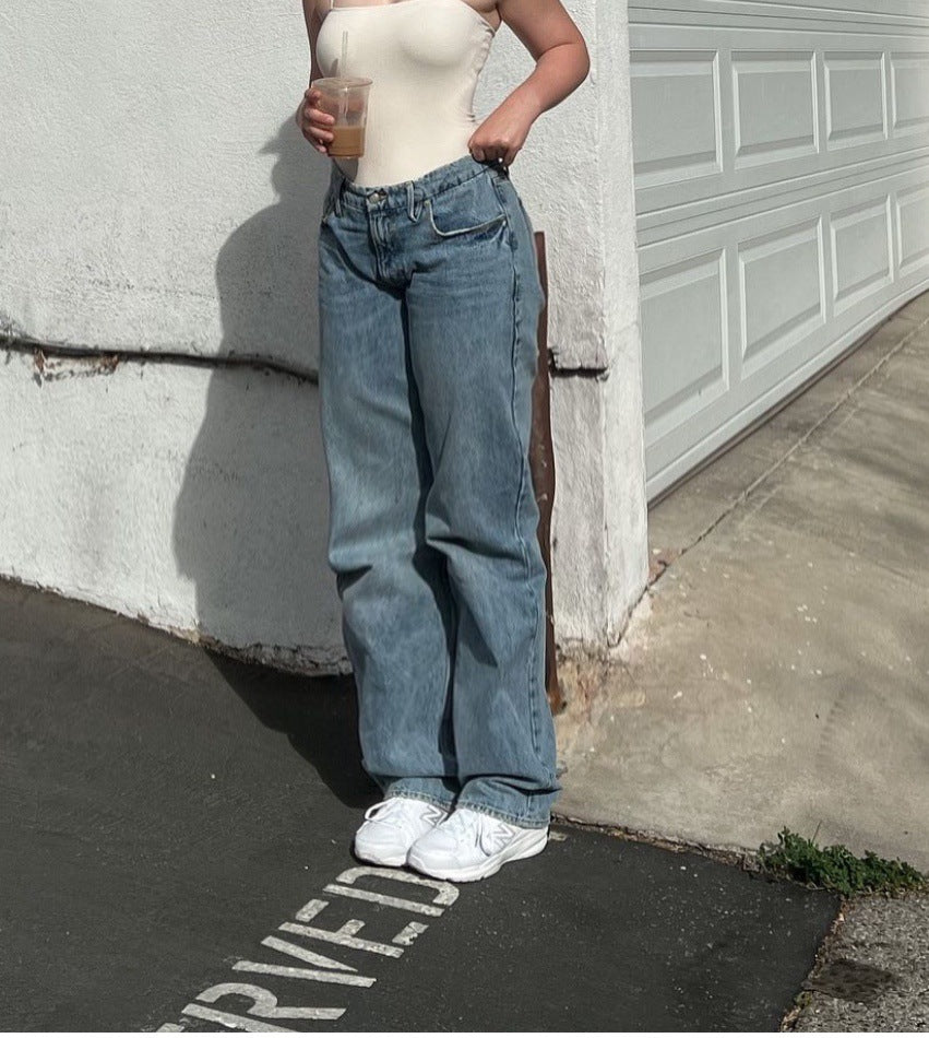 Jean ample et droit taille haute, pantalon décontracté à jambes larges et amincissant