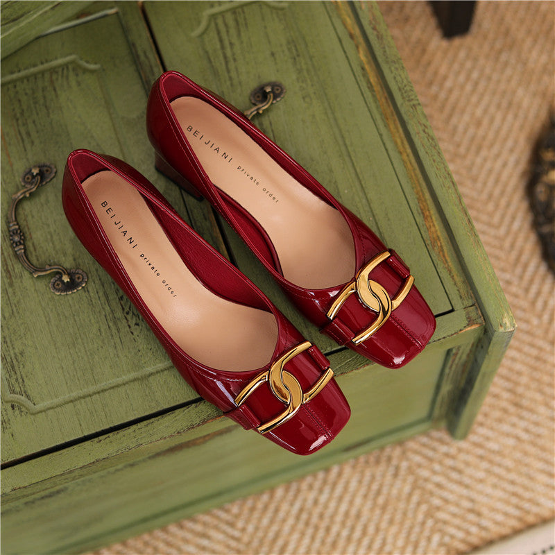 Women's Chunky French Retro Two-way Patent Metal