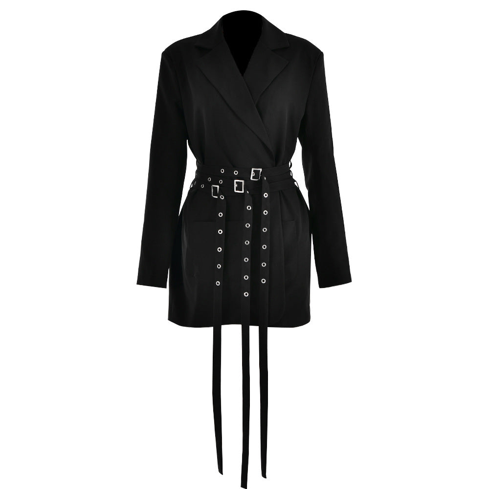 Long Sleeve Slim Fit Belt Stitching Small Blazer Coat