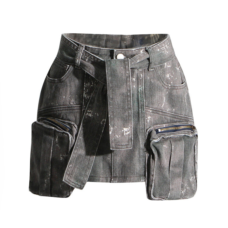 Personalized Vintage Sheath Skirt Camouflage Lace Up Waist Controlled Stitching Large Workwear With Pocket Skirt