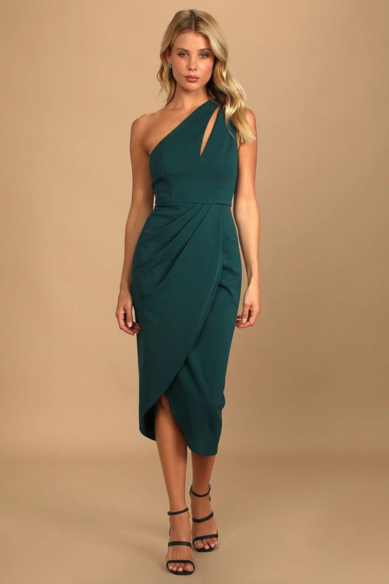 Hip Oblique Shoulder Hollow Out Cutout Pleated Slit Christmas Dress