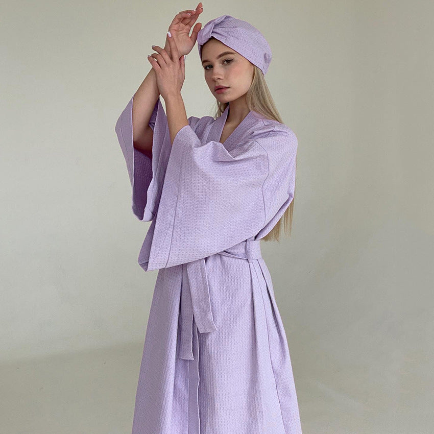 Light Luxury Waffle Loose Long Robe Hotel Bathrobe French Purple Homewear