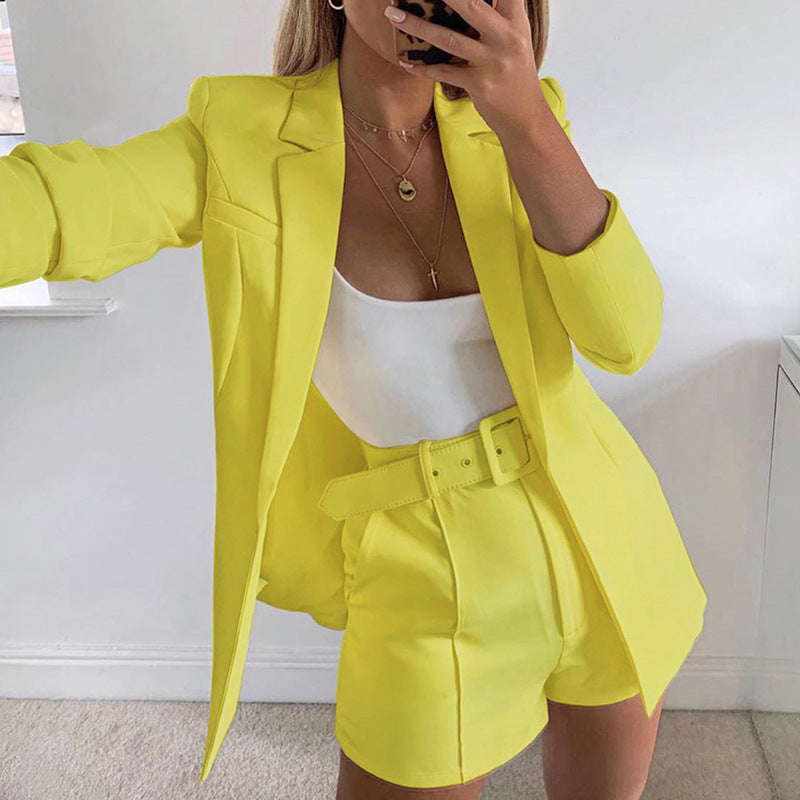 Ensemble haut et short avec ceinture, cardigan décontracté à col polo