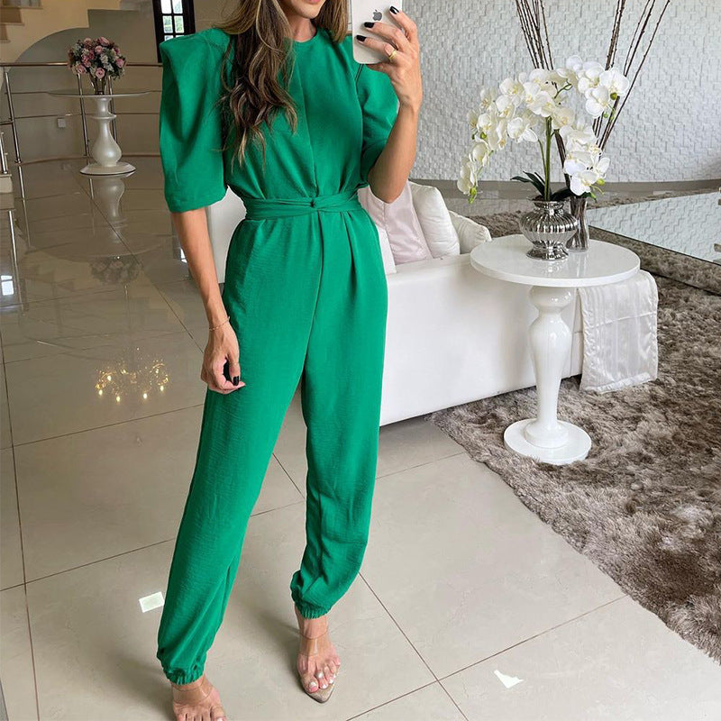 Crew Neck Half Sleeve Solid Color Skinny Jumpsuit
