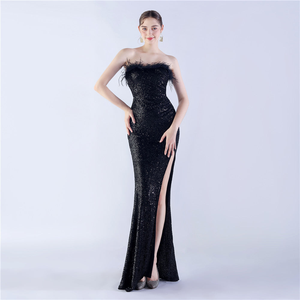 Ostrich Feather Shrink Folding Wrinkle Craft Host Dinner High End Evening Dress