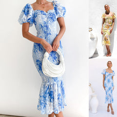 Elegant Printed Puff Sleeve Backless Fishtail Dress