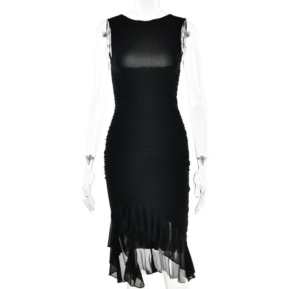 round Neck Sleeveless Dress Tight Backless Pleated Midi Dress