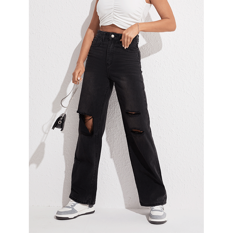 Jeans Schwarz Zerrissene Gerade Freizeithose Street