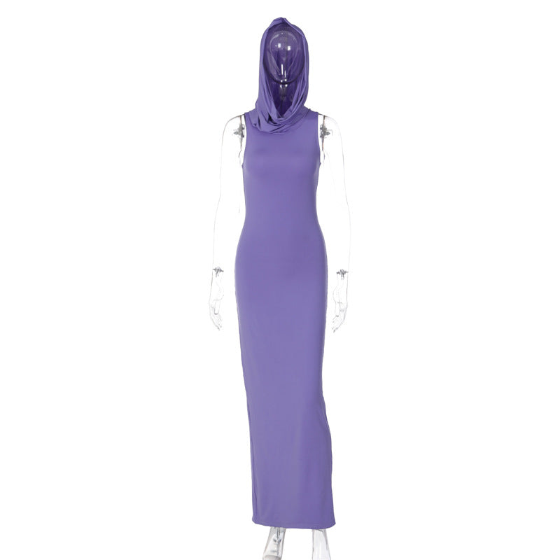 Solid Color Hooded Back High Split Sleeveless Dress