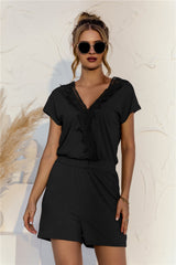 Eaby Short Sleeve V-neck Criss Cross Lace Stitching Romper Romper