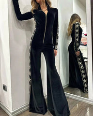 Velvet Stitching Printed Long Sleeved Wide Leg Jumpsuit