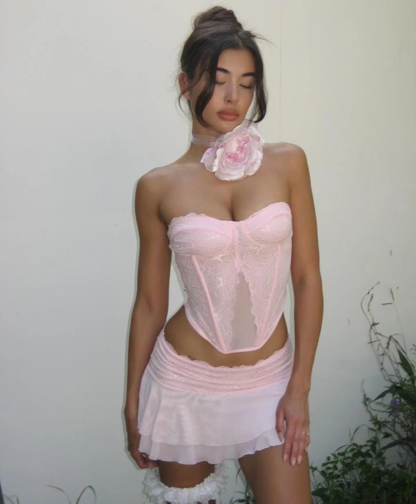 Pink Semi Transparent Lace Boning Corset Tube Top Short Vest Mini Ultra Short Double Layer Skirt Set