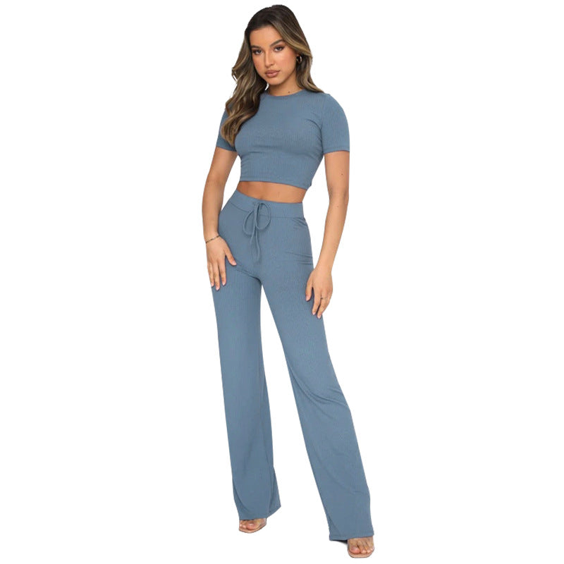 Casual Set Solid Color High-Elastic Body Shaping Short Sleeve Sunken Stripe Wide Leg Pants Two-Piece Set