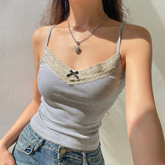 Stitching Lace Small Sling Inner Backless V Neck Vest Simple Slim Bottoming Short Top