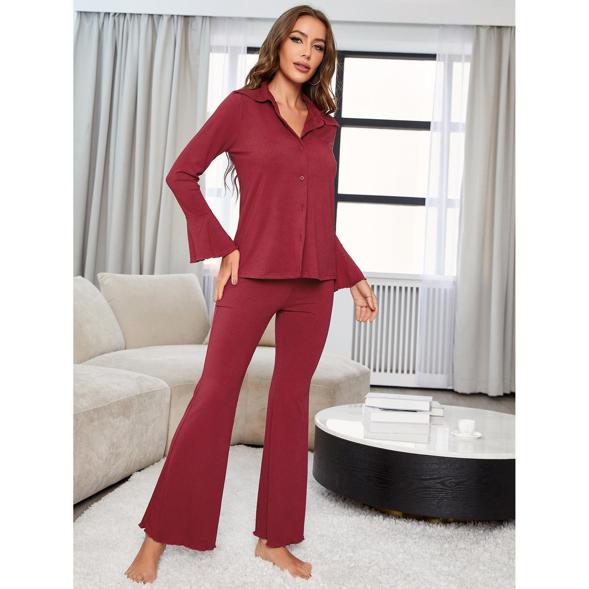 Pajamas Red Threaded Long Sleeve Home Wear Two Piece Set