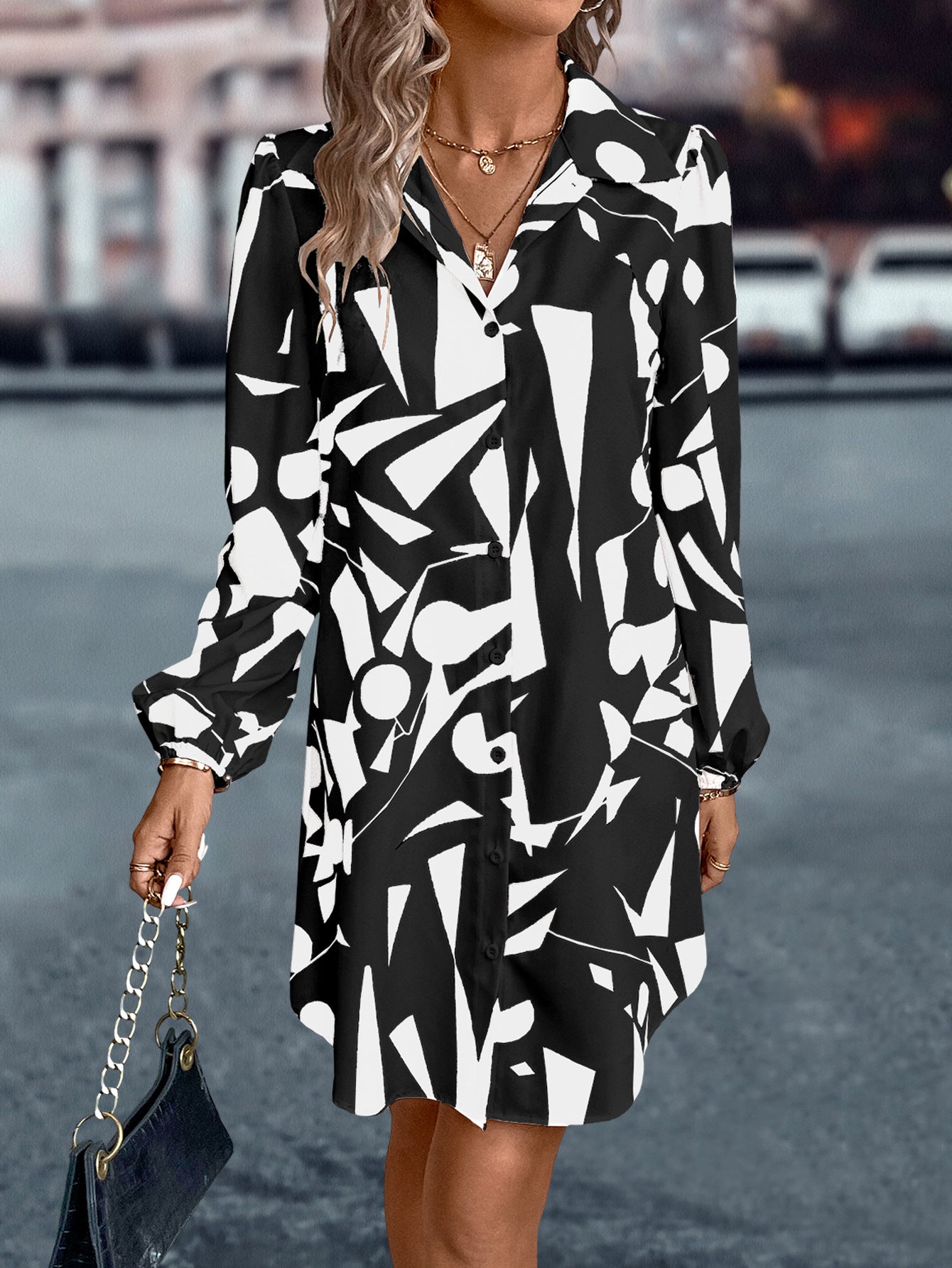 Collared Lantern Sleeve Printed Dress