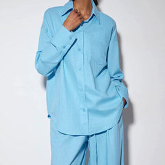 Blue Cotton Linen Collared Long Sleeve Wide Leg Trousers Loose Outfit