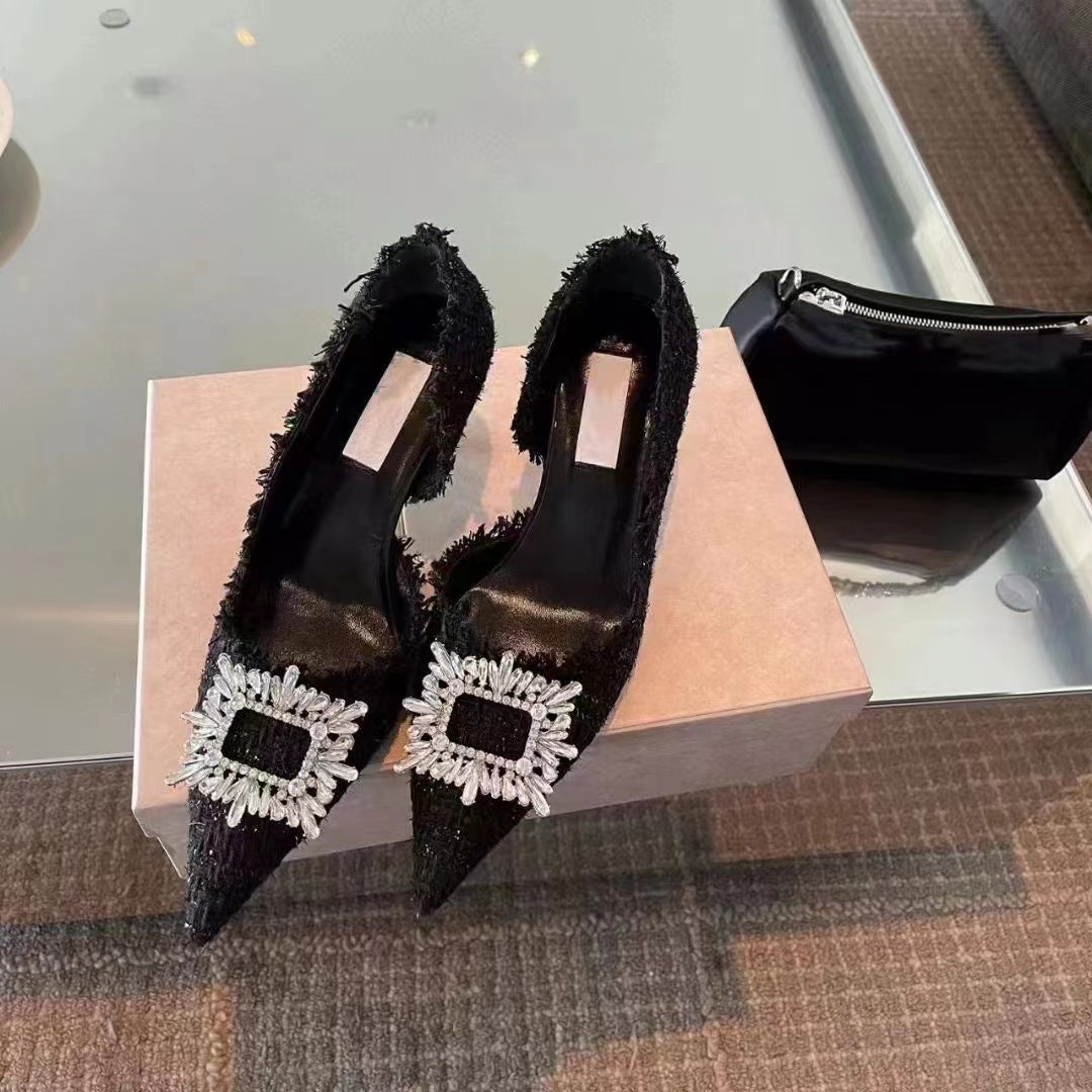 Women's South French Gold Temperament Pointed Toe Rhinestone Square