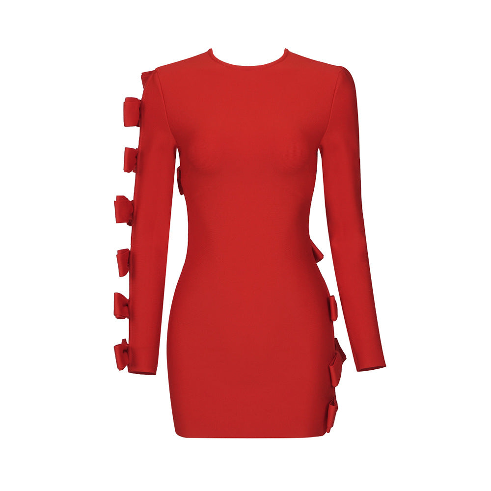 Red Hollow Out Cutout Bow Long Sleeve Bandage One Piece Dress Christmas