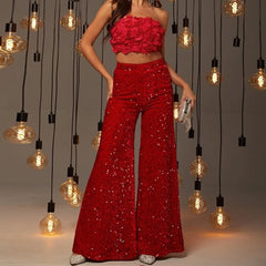High Waist Slimming Trousers in Solid Color Sequ Casual Wide Leg Pants