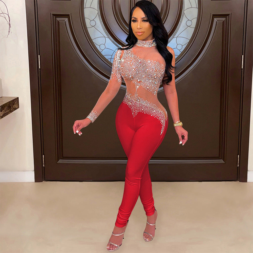 Mesh See-through Rhinestone Long Sleeve Jumpsuit