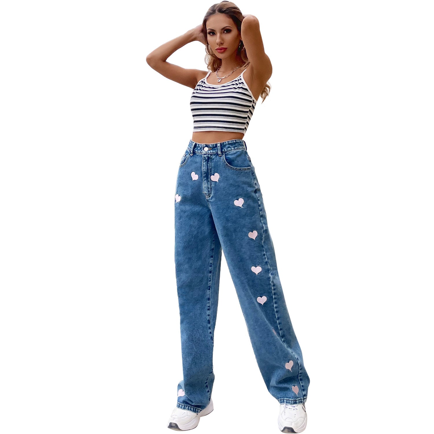 Lässige, locker gemusterte, gerade Mop-Denimhose