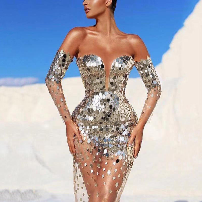 Kleid mit Pailletten, schulterfrei, Netzstoff, durchsichtig, langes Abendkleid