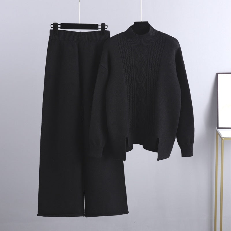 Slimming Knitted Suit Thickened Loose Turtleneck Sweater Wide Leg Pants Two Piece Suit