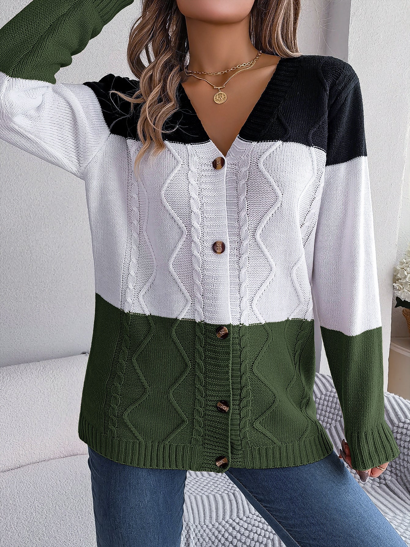 Casual Contrast Color Button Long Sleeve Sweater Cardigan Coat