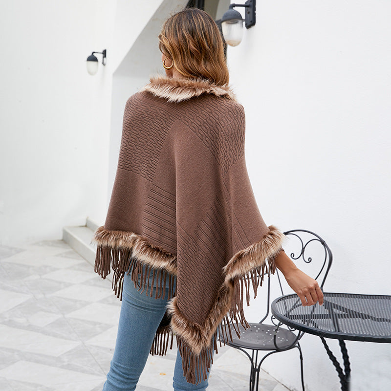 Knitted Tassel Cloak Solid Color Pullover Loose Inverness