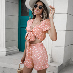Printed Short Sleeve Lace up cropped Bohemian Bell Sleeve Romper