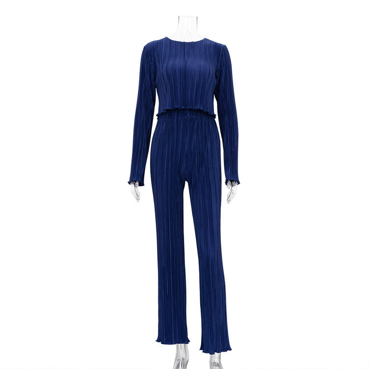 Early Chanel Long Sleeve T shirt Two Piece Slim Blue Pleated Wide Leg Trousers Suit