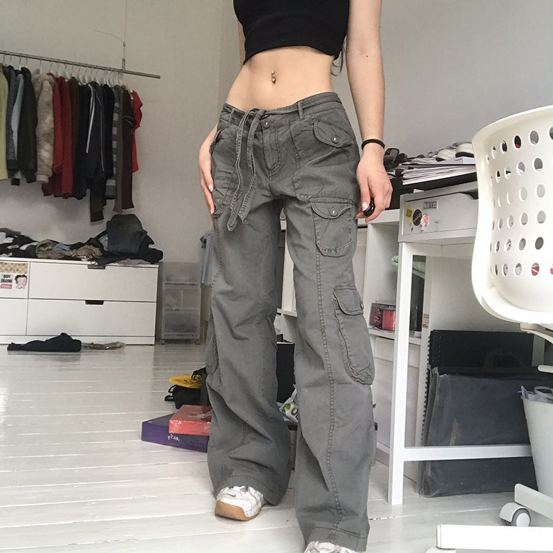 Jean cargo taille basse à lacets, couleur unie, multi-poches, pantalon patchwork amincissant