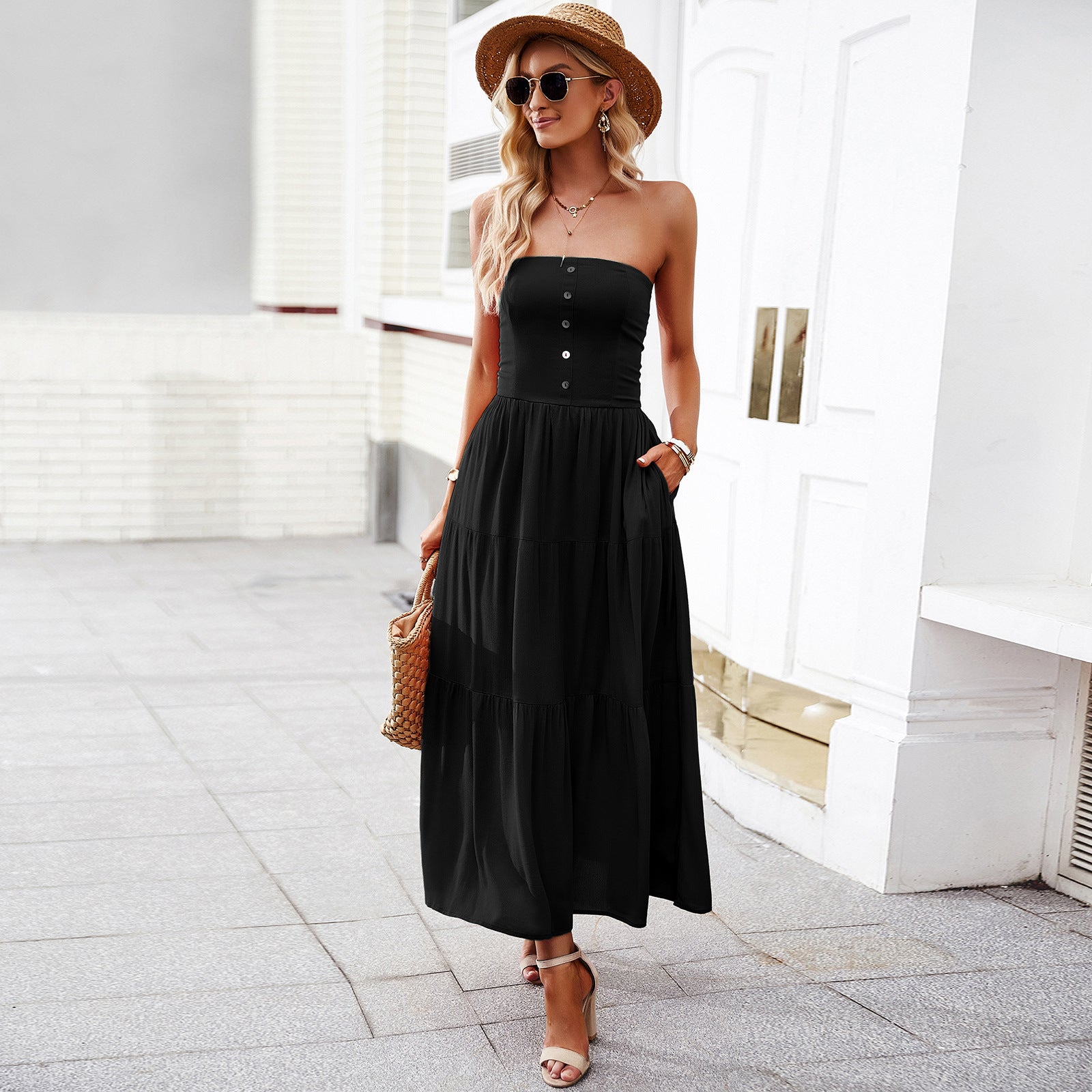 Tube Top Dress Solid Color Casual Maxi Dress