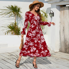 V neck Waist Trimming Lace up Long Sleeve Floral Dress Maxi Dress