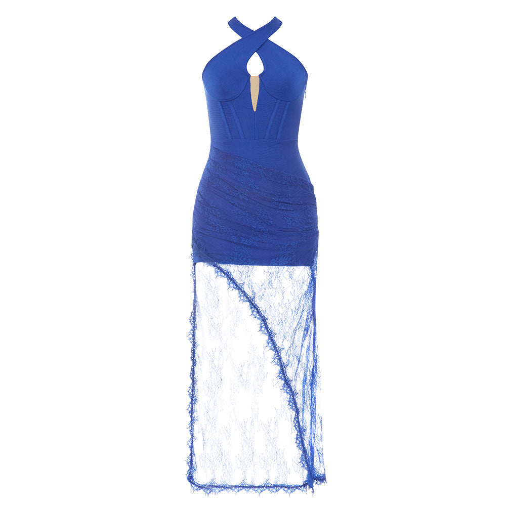 Kleid Bandage Kleid Einfache Kreuz Neckholder Cut-out Rückenfrei Nähte Spitze Slim-Fit